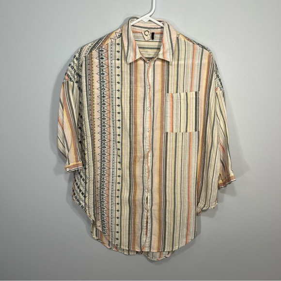 Anthropologie Shirt Womens XS/S Yellow Gray Stripes Button Up Tunic Embroidered - Picture 1 of 8